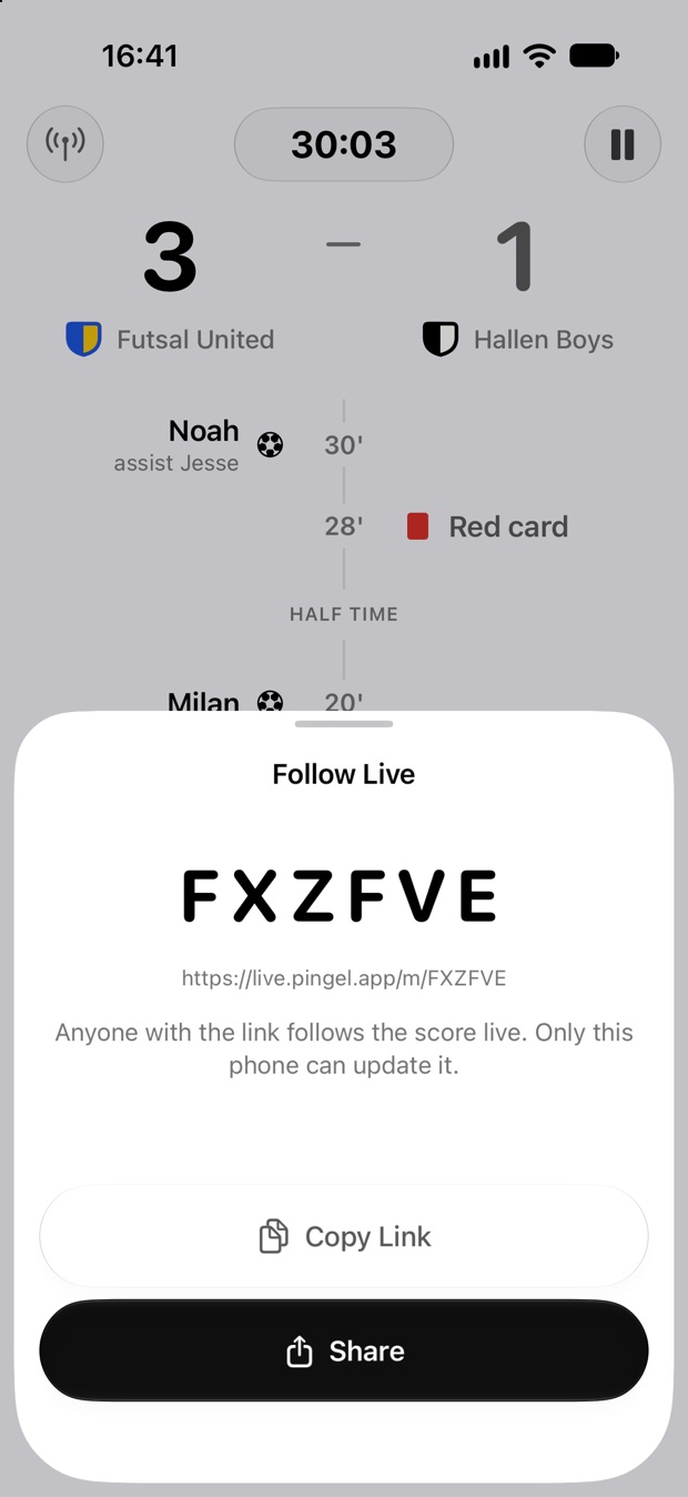 Het scherm Volg live met de code FXZFVE, de link live.pingel.app/m/FXZFVE en knoppen Kopieer link en Deel.