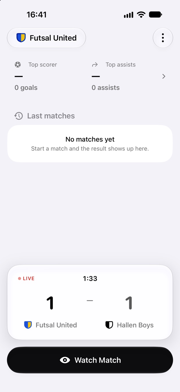 Het beginscherm van een volger met een live kaart bij 1–1 en een knop Bekijk wedstrijd.