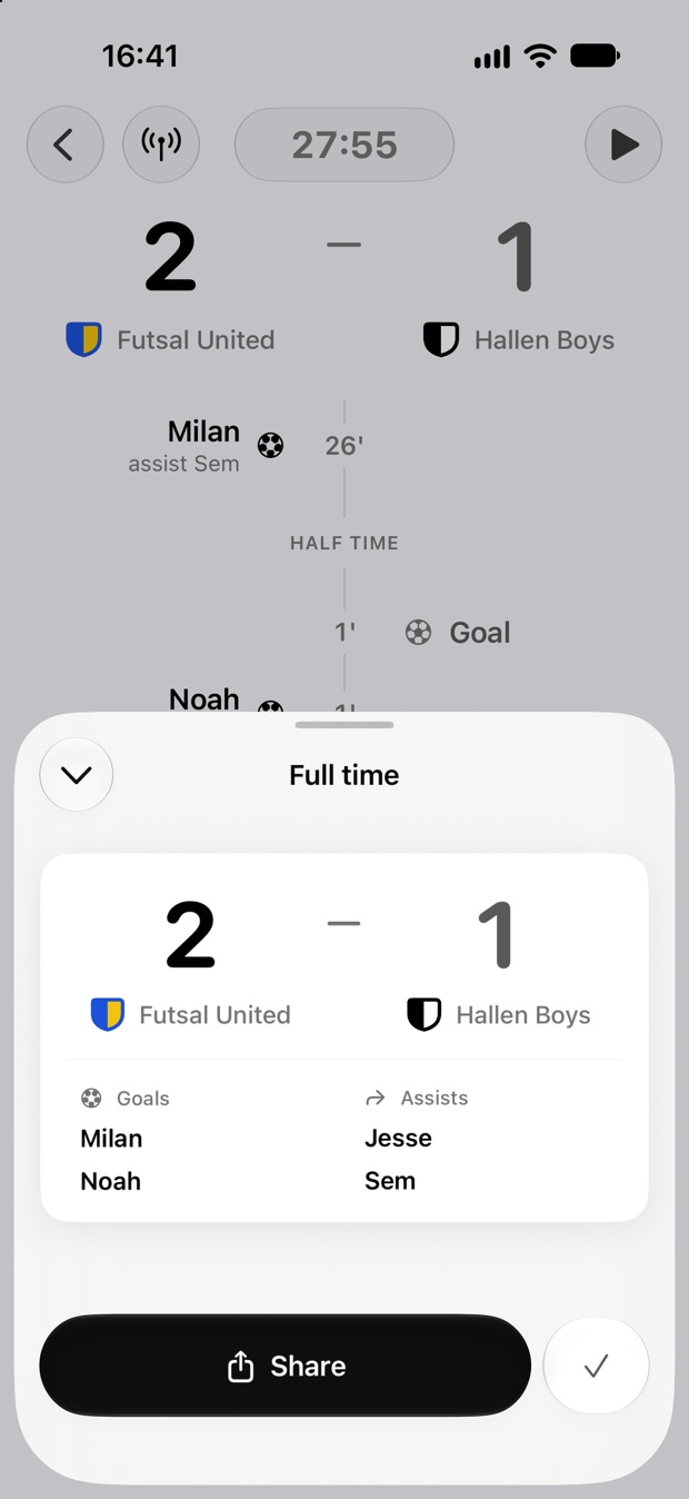 De eindkaart: 2–1, doelpunten van Milan en Noah, assists van Jesse en Sem, met een knop Deel.