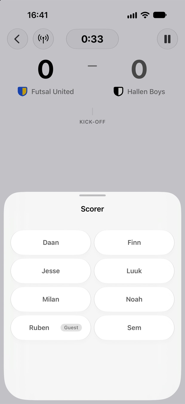 Het scherm Doelpuntenmaker met de spelers die vandaag meespelen.