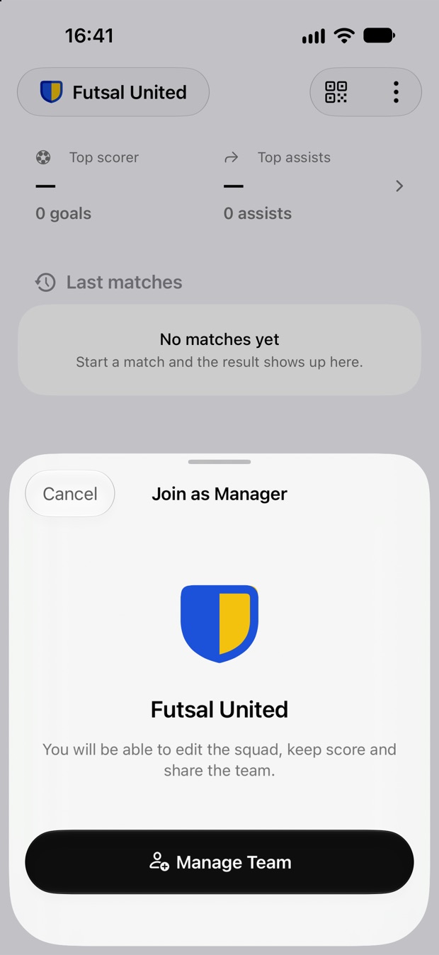 Het scherm Deelnemen als manager met het embleem van Futsal United en een knop Team beheren.