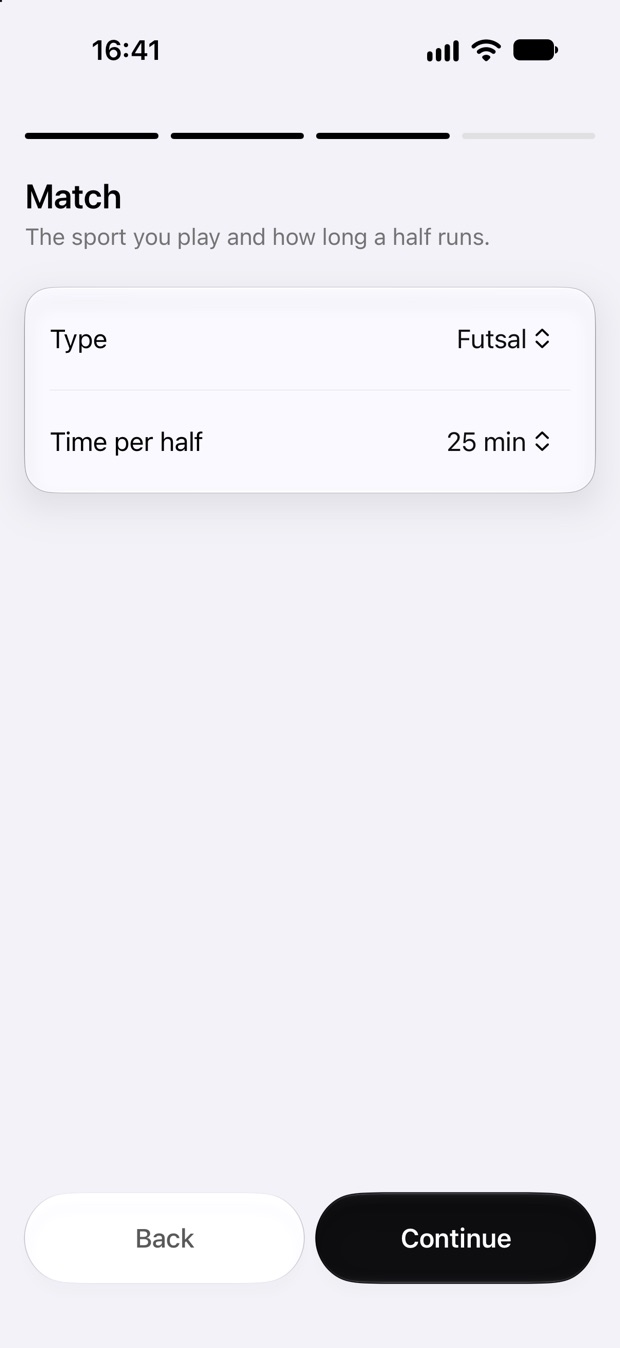 De stap Wedstrijd met Type op Futsal en Tijd per helft op 25 minuten.
