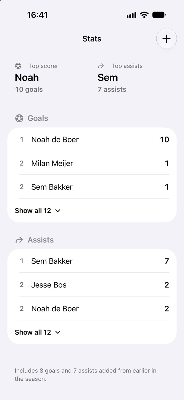 Het scherm Statistieken met tabellen voor doelpunten en assists dit seizoen.