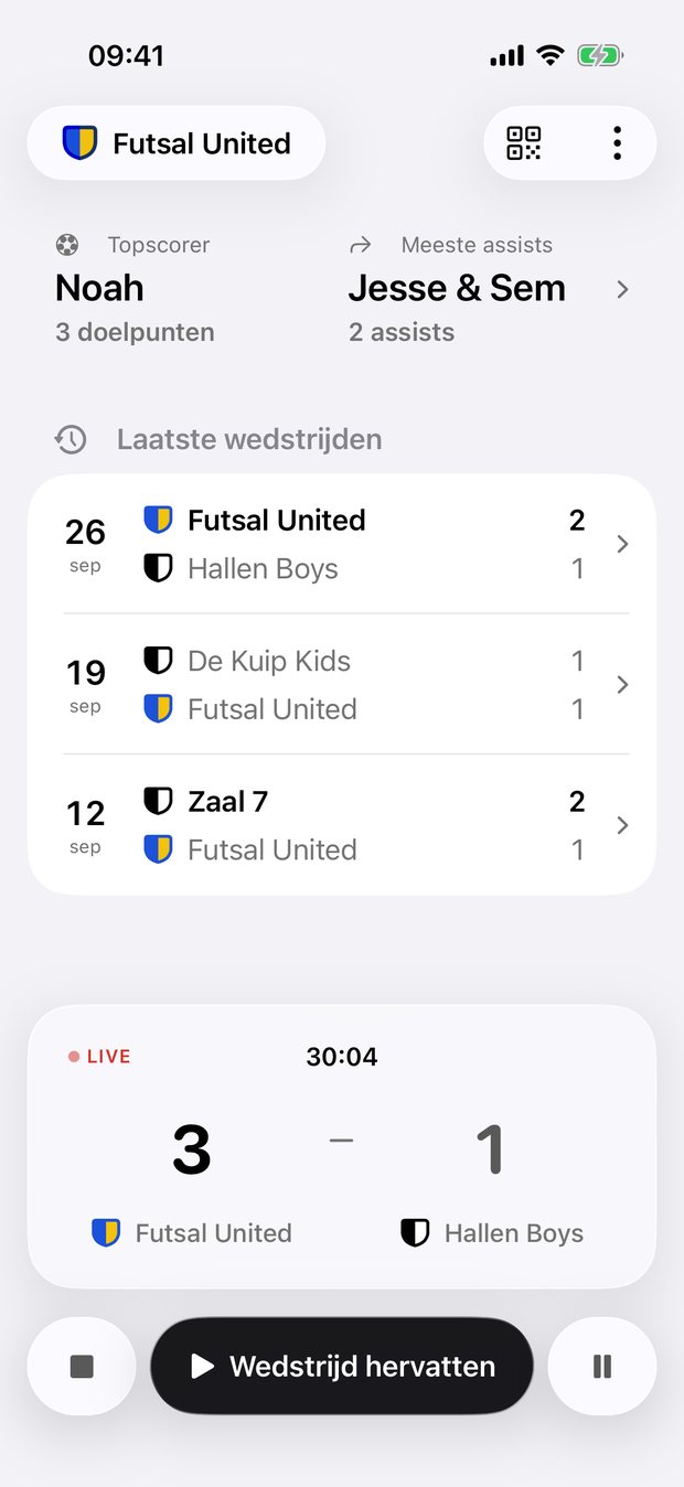 Het beginscherm van Pingel: topscorer Noah met 3 doelpunten, meeste assists Jesse en Sem, de laatste drie uitslagen en een live wedstrijd om te hervatten.
